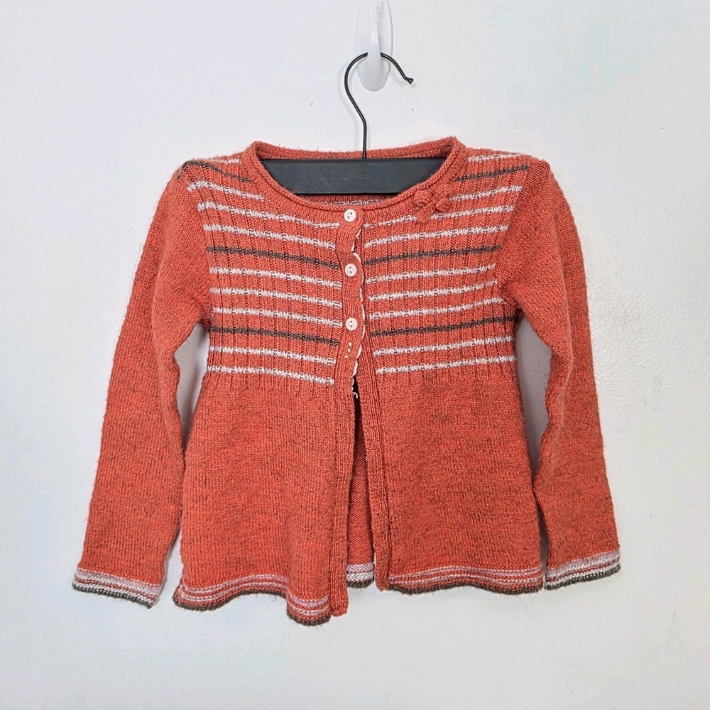 Deux Par Deux Orange White Striped Girl's Alpaca Wool Blend Cute Cardigan Size 6